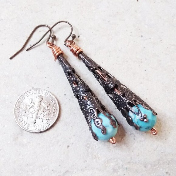 Copper Filigree & Blue Howlite Dangle Earrings! Lightweight Boho Coastal Cowgirl - Picture 1 of 9
